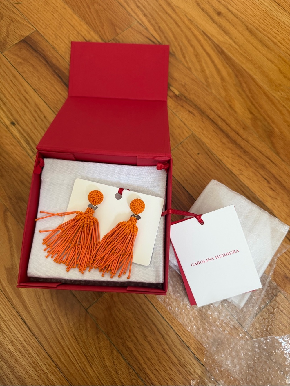 Carolina Herrera Orange Beaded Tassel Drop Earrings NWT